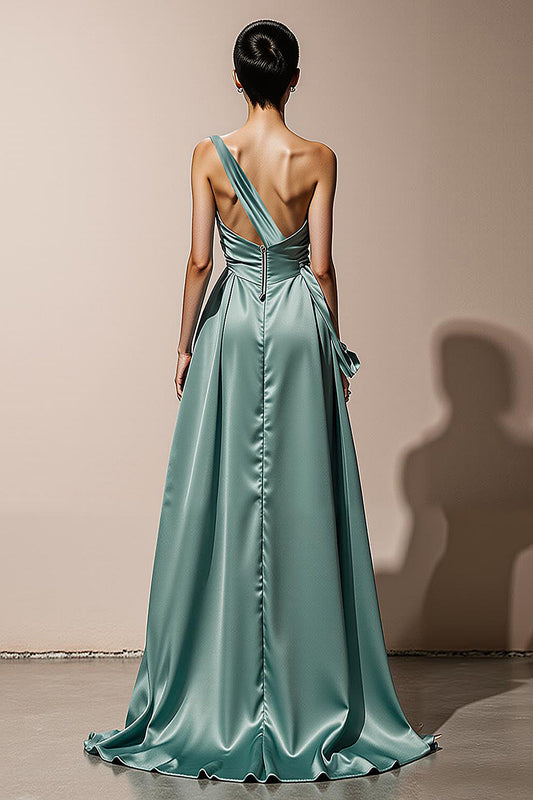 Mint Green Satin Sheath One Shoulder Long Formal Dress with Slit