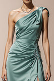Mint Green Satin Sheath One Shoulder Long Formal Dress with Slit