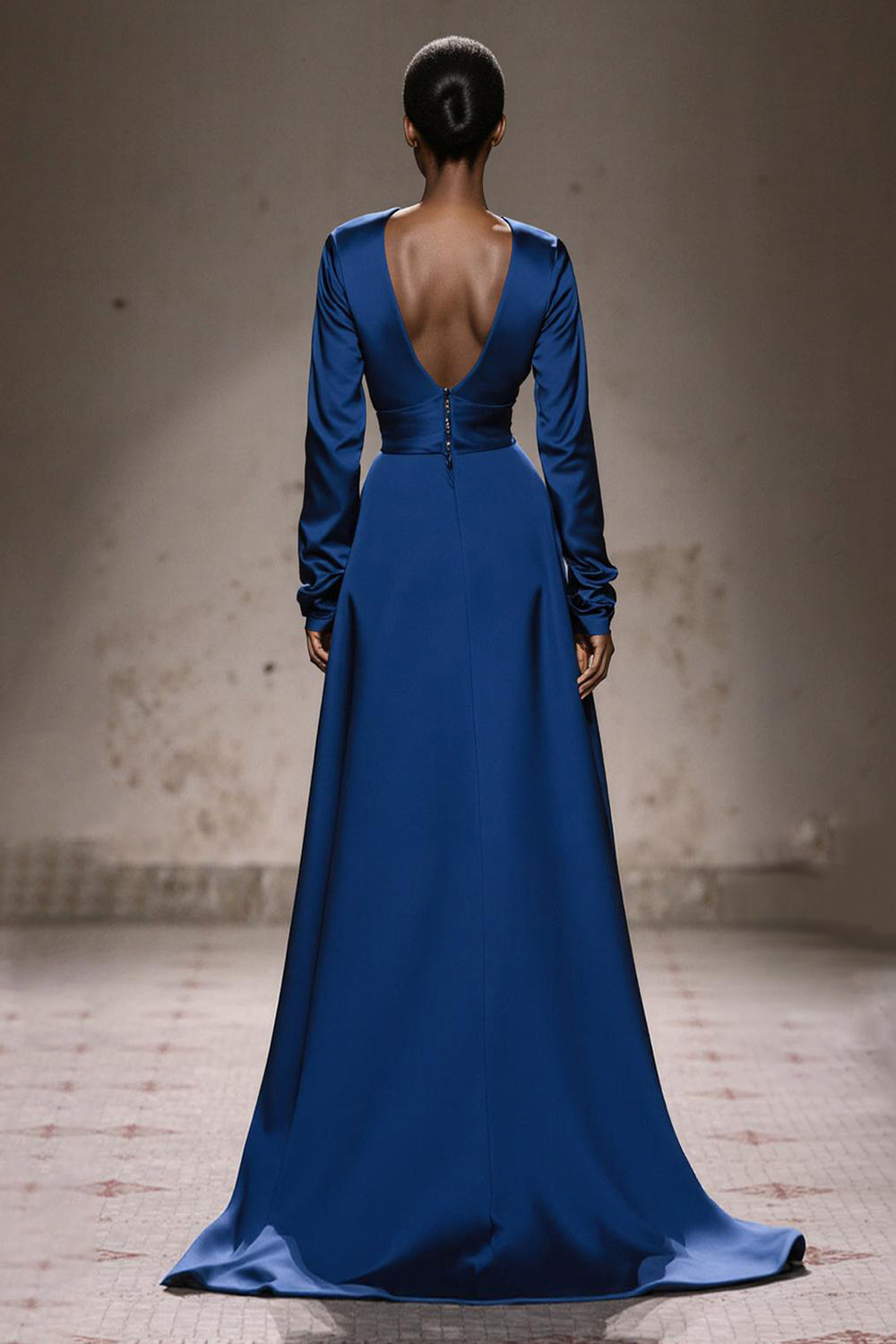 Zapakasa Women Royal Blue Satin Long Sleeves Formal Dress with Sash A