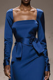 Royal Blue Satin Square Neck Long Sleeves Formal Dress with Sash