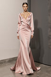 Light Pink Satin Mermaid Backless Long Sleeves Formal Dress