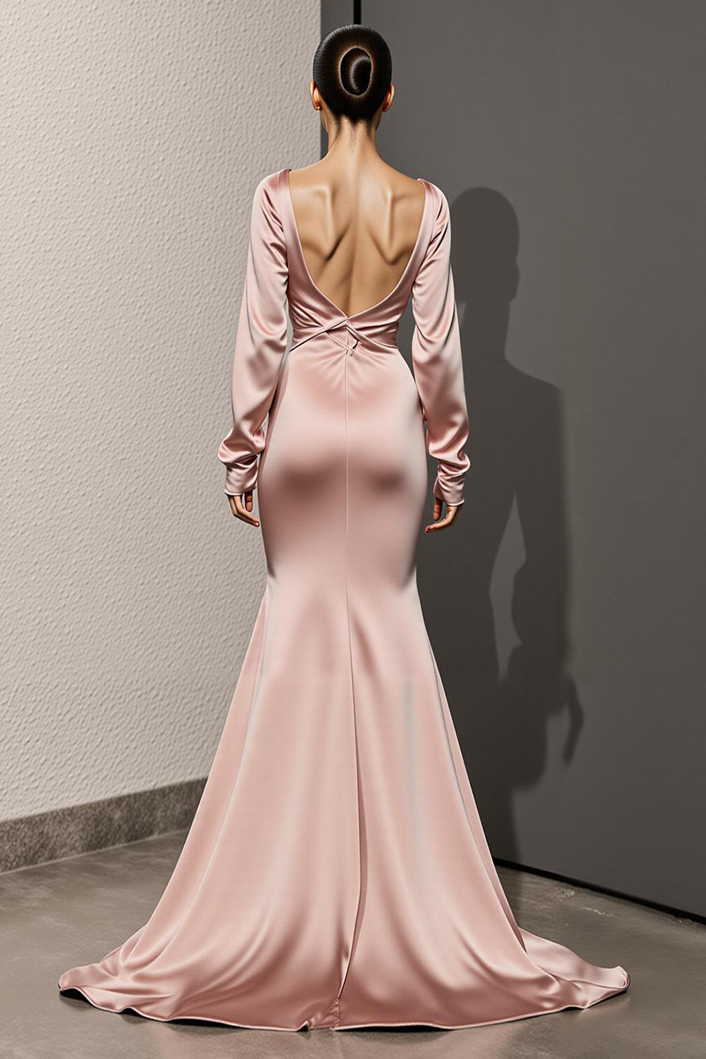 Zapakasa Women Light Pink Satin Long Sleeves Formal Dress Mermaid Ruched Backless Evening Dress Zapakasa Women Light Pink Satin Long Sleeves Formal Dress Mermaid Ruched Backless Evening Dress