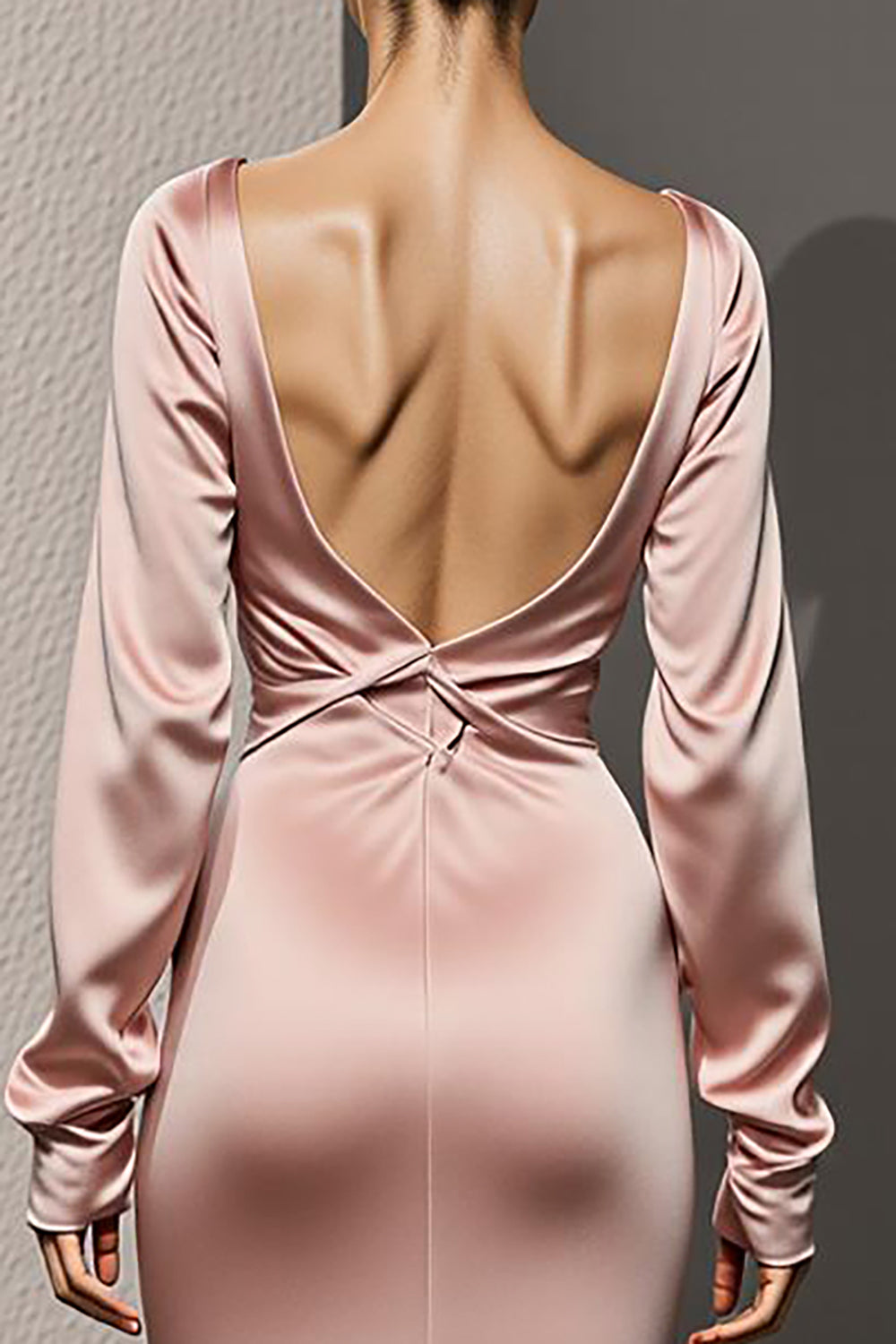 Zapakasa Women Light Pink Satin Long Sleeves Formal Dress Mermaid Ruched Backless Evening Dress Zapakasa Women Light Pink Satin Long Sleeves Formal Dress Mermaid Ruched Backless Evening Dress