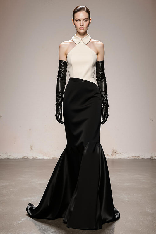 Black and White Patchwork Satin Halter Mermaid Long Formal Dress