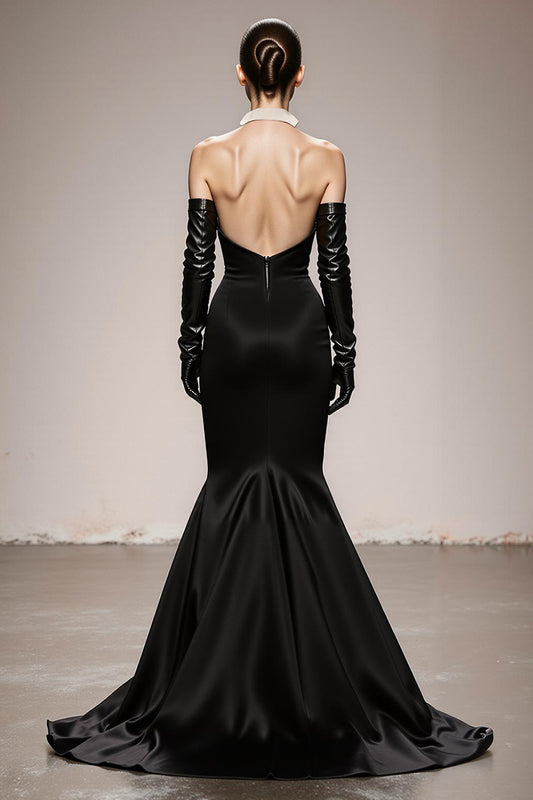 Black and White Patchwork Satin Halter Mermaid Long Formal Dress