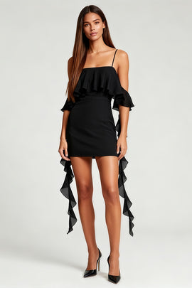 Black Bodycon Cold Shoulder Short Cocktail Dress with Ruffles