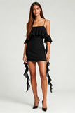 Black Bodycon Cold Shoulder Short Cocktail Dress with Ruffles