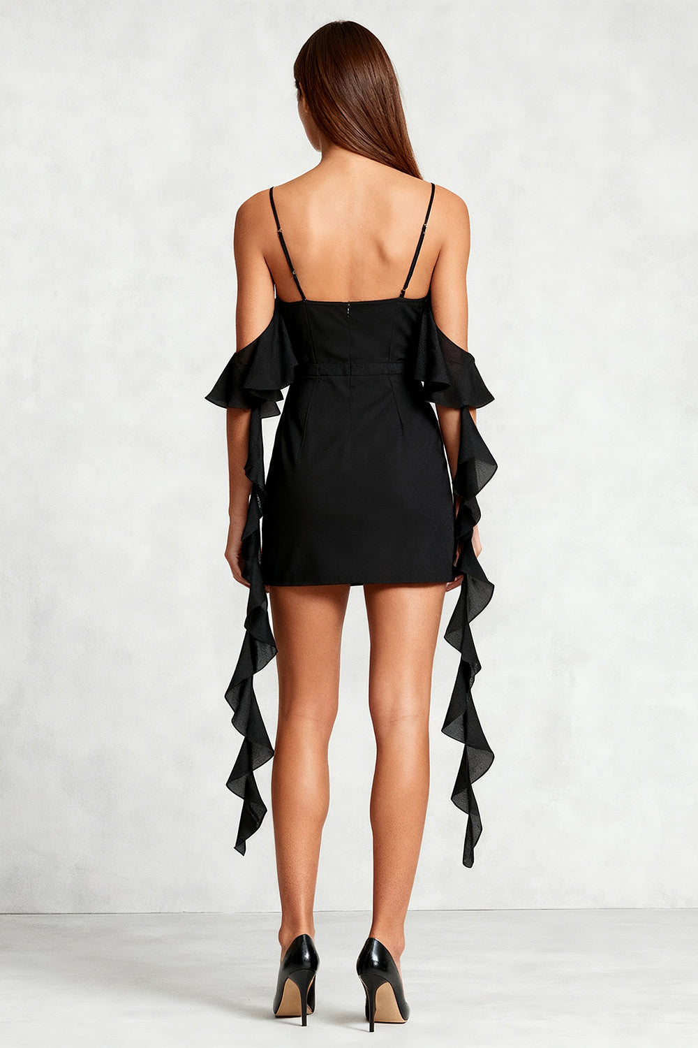 Black Bodycon Cold Shoulder Short Cocktail Dress with Ruffles