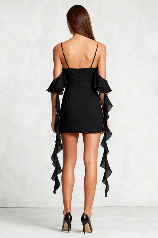 Black Bodycon Cold Shoulder Short Cocktail Dress with Ruffles
