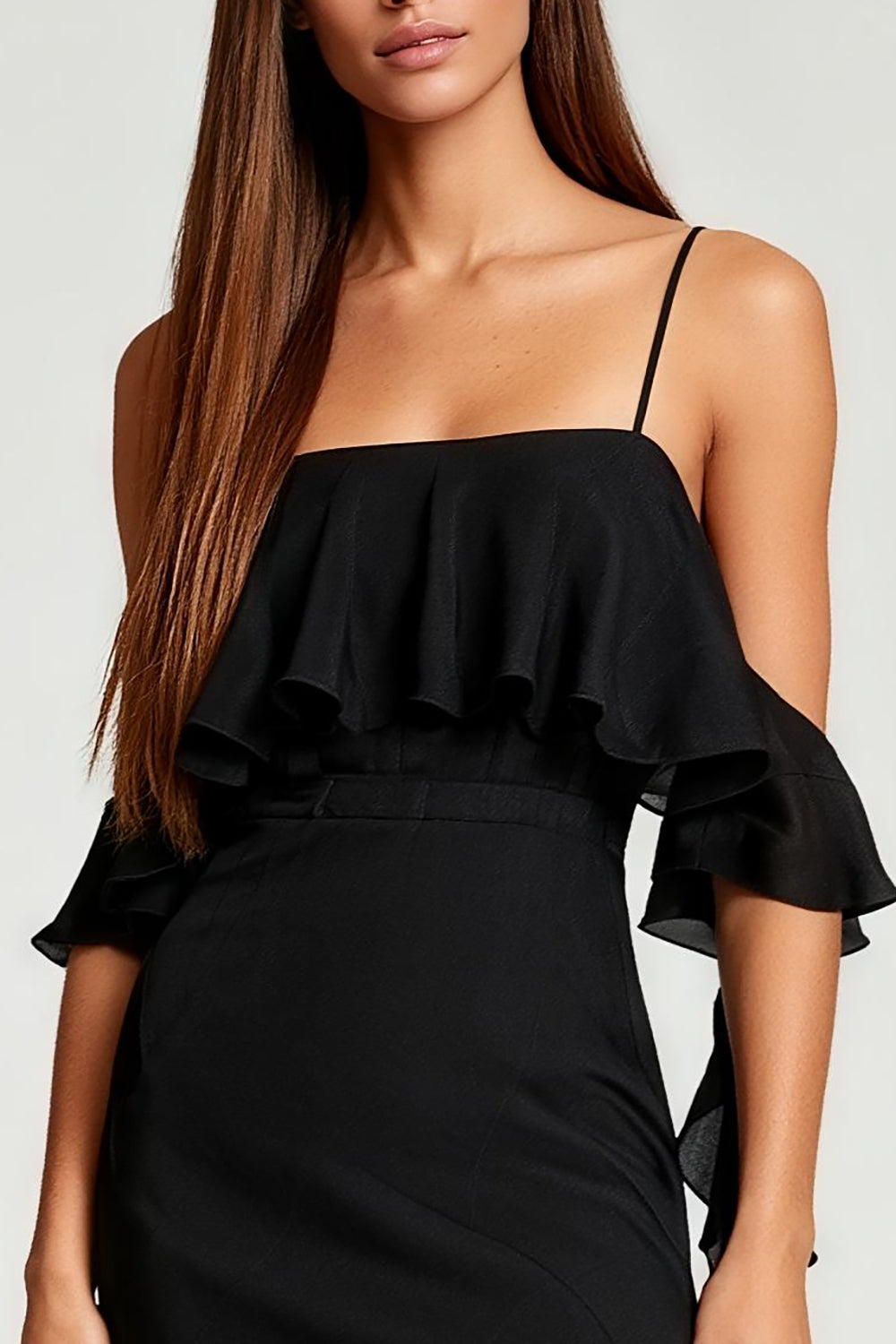 Black Bodycon Cold Shoulder Short Cocktail Dress with Ruffles