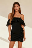 Black Ruffled Bodycon Cold Shoulder Short Cocktail Dress