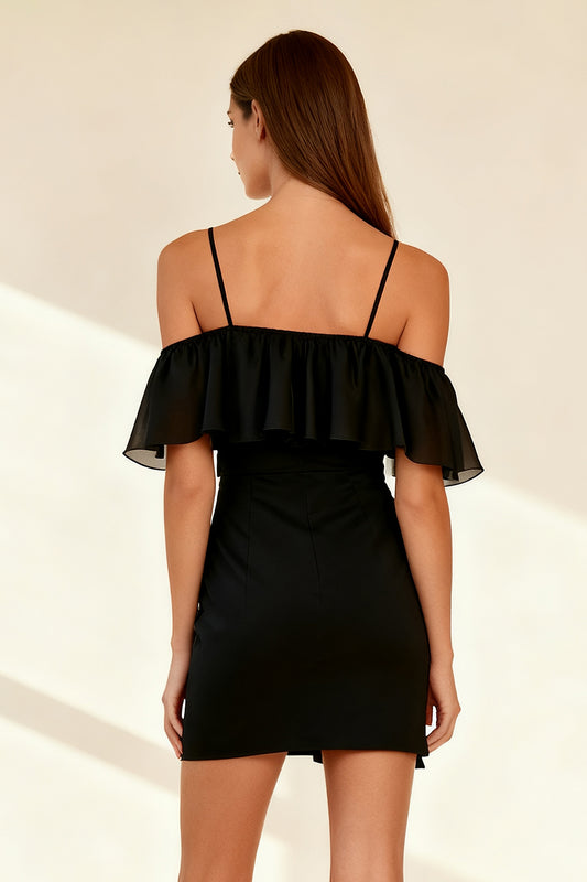 Black Ruffled Bodycon Cold Shoulder Short Cocktail Dress
