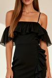 Black Ruffled Bodycon Cold Shoulder Short Cocktail Dress