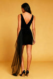 Black Velvet Bodycon Cowl Neck Short Cocktail Dress with Side Cape