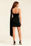 Black Bodycon Spaghetti Straps Short Cocktail Dress with Cape