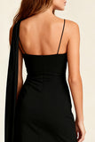 Black Bodycon Spaghetti Straps Short Cocktail Dress with Cape