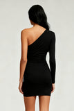 Black One Shoulder Tight Short Cocktail Dress with Sleeves
