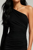 Black One Shoulder Tight Short Cocktail Dress with Sleeves