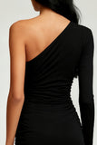 Black One Shoulder Tight Short Cocktail Dress with Sleeves