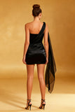 Black Satin One Shoulder Tight Short Cocktail Dress with Cape