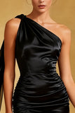 Black Satin One Shoulder Tight Short Cocktail Dress with Cape