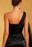 Black Satin One Shoulder Tight Short Cocktail Dress with Cape