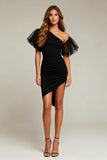 Black Asymmetrical Tight Short Cocktail Dress with Sleeves