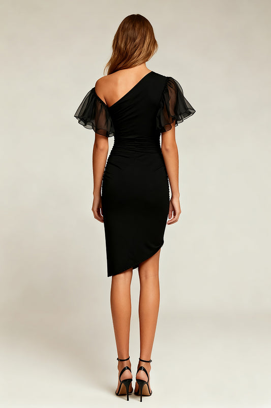Black Asymmetrical Tight Short Cocktail Dress with Sleeves