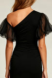 Black Asymmetrical Tight Short Cocktail Dress with Sleeves