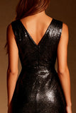 Black V-Neck Glitter Tight Asymmetrical Short Cocktail Dress
