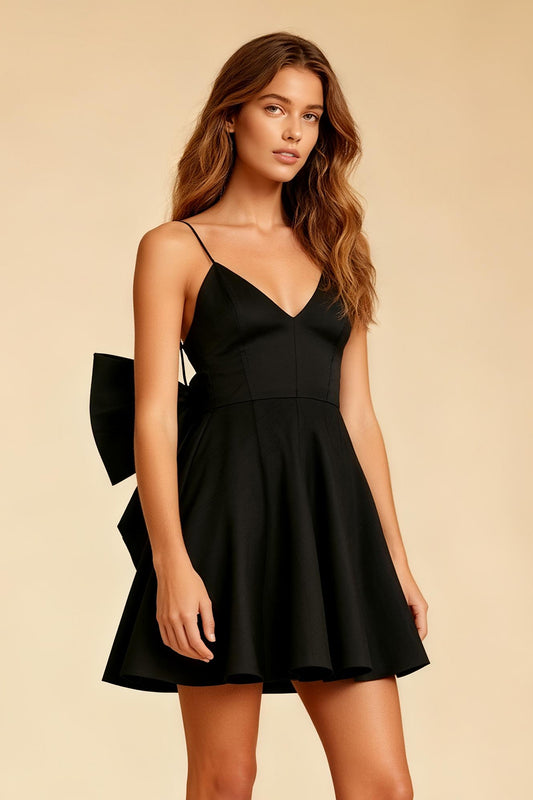 Black A Line Spaghetti Straps Short Cocktail Dress with Bow