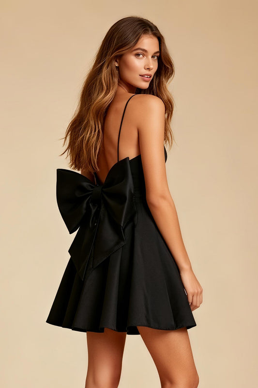 Black A Line Spaghetti Straps Short Cocktail Dress with Bow