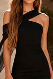 Black One Shoulder Short Tight Cocktail Dress with Cape