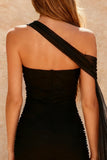Black One Shoulder Short Tight Cocktail Dress with Cape