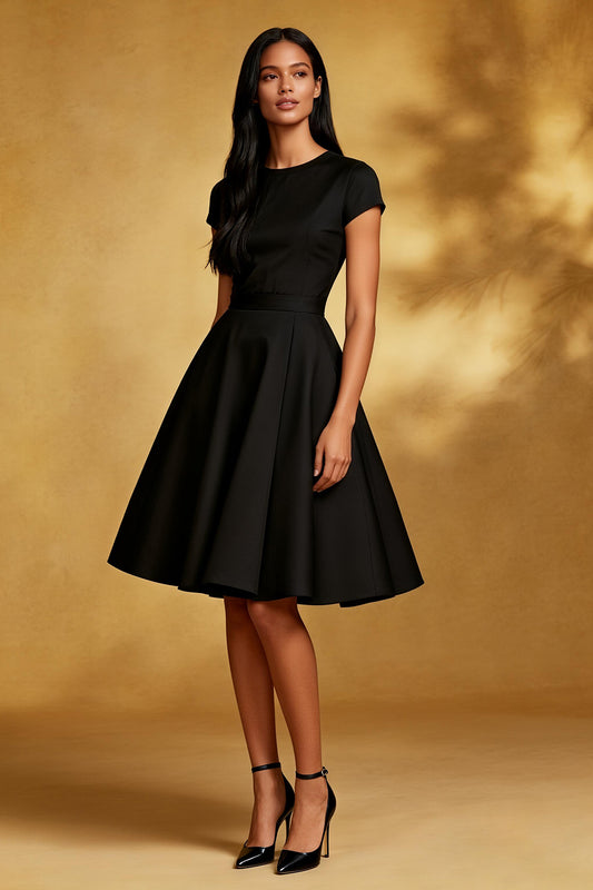 Black A Line Round Neck Short Cocktail Dress with Sleeves