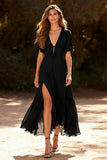 Black Chiffon A Line V-Neck Maxi Dress with Slit