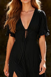 Black Chiffon A Line V-Neck Maxi Dress with Slit
