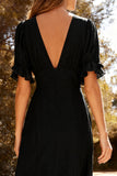 Black Chiffon A Line V-Neck Maxi Dress with Slit