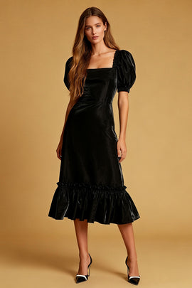 Black Velvet Sheath Square Neck Midi Cocktail Dress with Sleeves