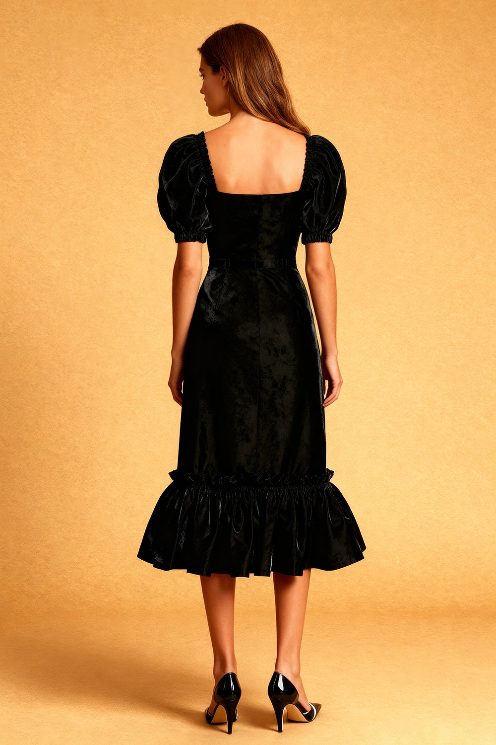 Black Velvet Sheath Square Neck Midi Cocktail Dress with Sleeves