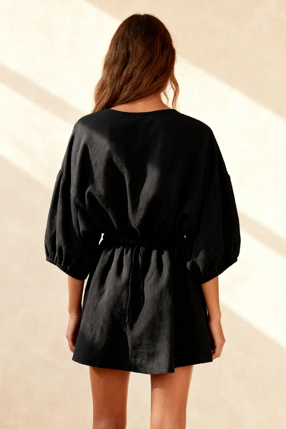 Black Round Neck Ruched Short Work Dress with Sleeves