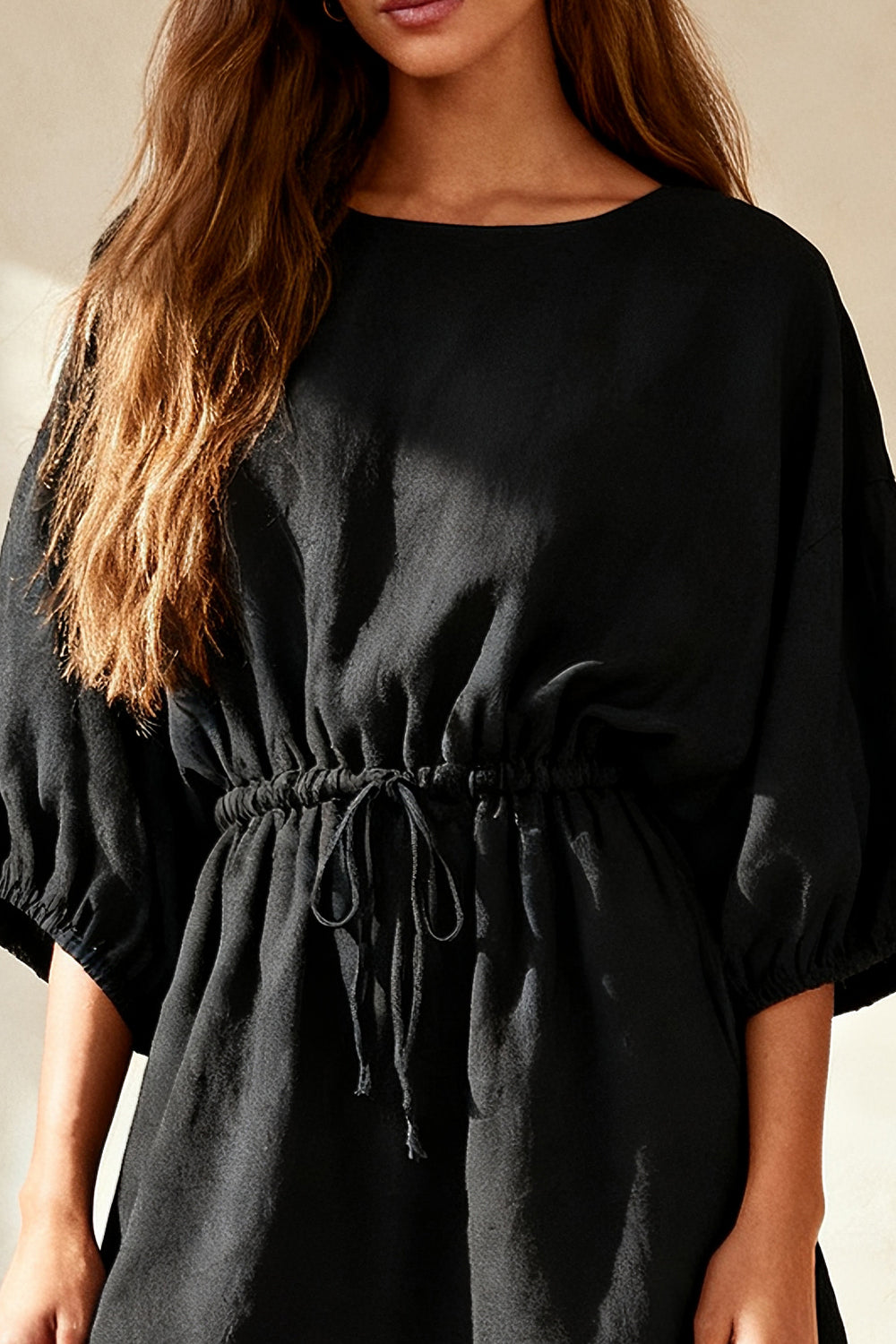 Black Round Neck Ruched Short Work Dress with Sleeves