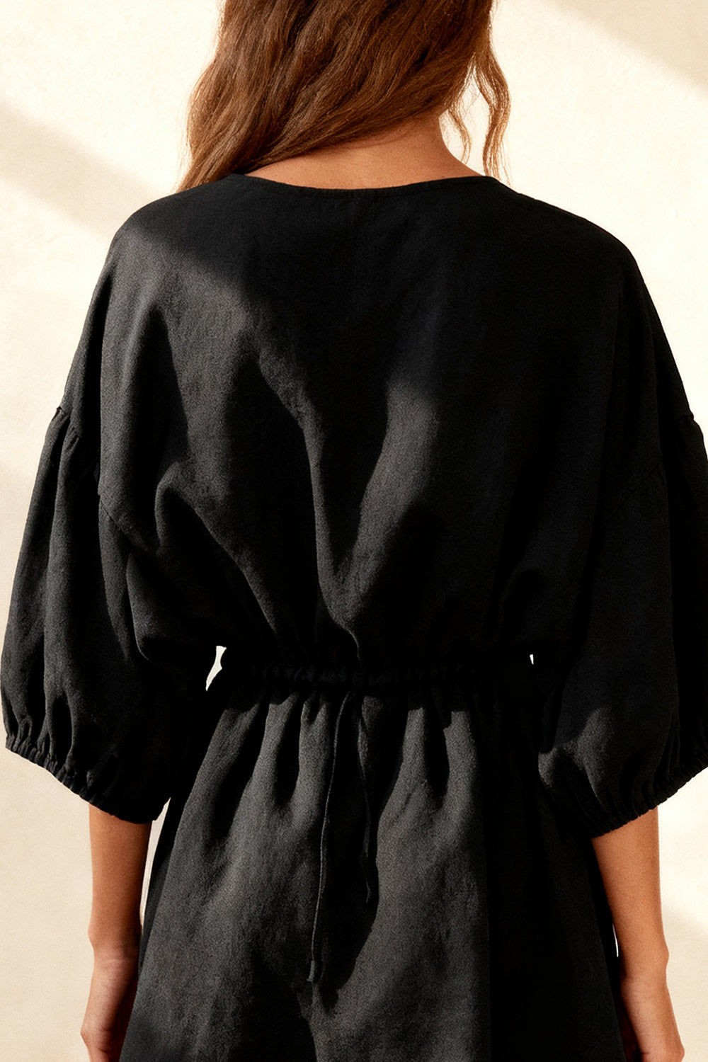 Black Round Neck Ruched Short Work Dress with Sleeves