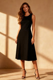 Simple Black Satin Round Neck Bodycon Midi Formal Dress