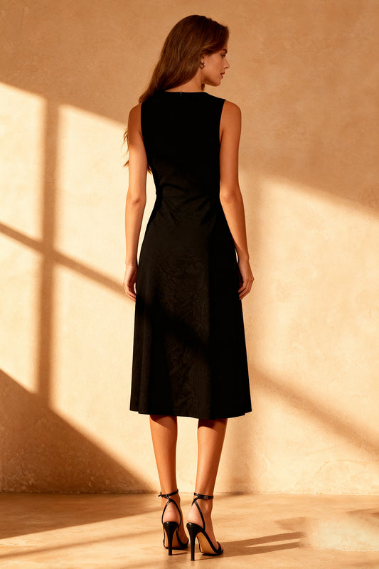 Simple Black Satin Round Neck Bodycon Midi Cocktail Dress