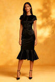 Black Mermaid Satin Round Neck Midi Cocktail Dress with Ruffles