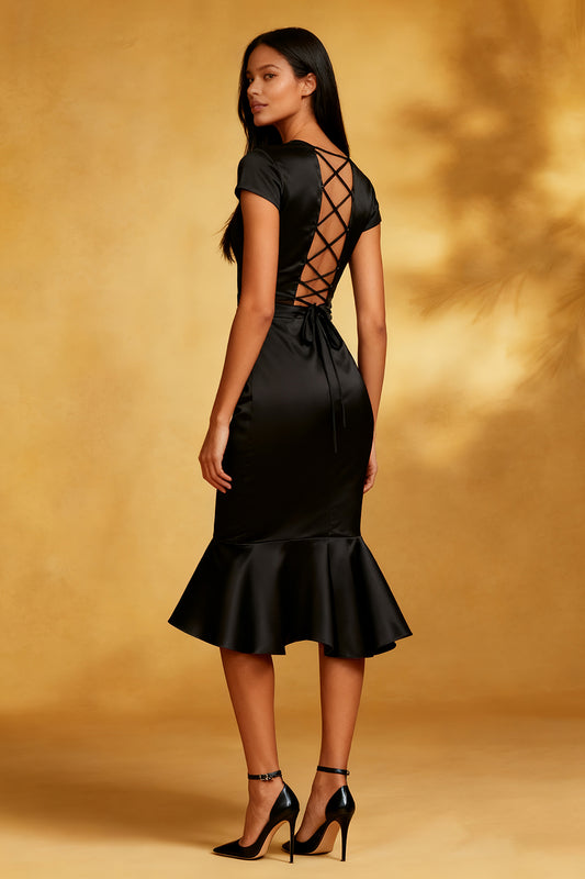 Black Mermaid Satin Round Neck Midi Cocktail Dress with Ruffles