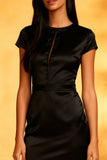 Black Mermaid Satin Round Neck Midi Cocktail Dress with Ruffles