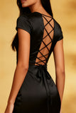 Black Mermaid Satin Round Neck Midi Cocktail Dress with Ruffles