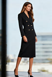 Black Pencil Double Breasted Midi Blazer Dress with Sleeves